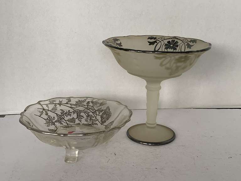 VINTAGE SILVER CITY GLASS 3 FOOTED BOWL 7" ROUND WITH STERLING SILVER TRIM "FLANDERS" & VINTAGE SATIN GLASS FOOTED PEDESTAL BOWL 7" TALL WITH STERLING SILVER TRIM image
