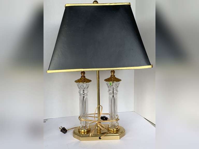 WATERFORD BOUILLOTTE CRYSTAL & BRASS "PARKMORE" PATTERN BEAUTIFUL DOUBLE TABLE LAMP WITH BLACK/GOLD SHADE 24 1/2" TALL X 16" WIDE image