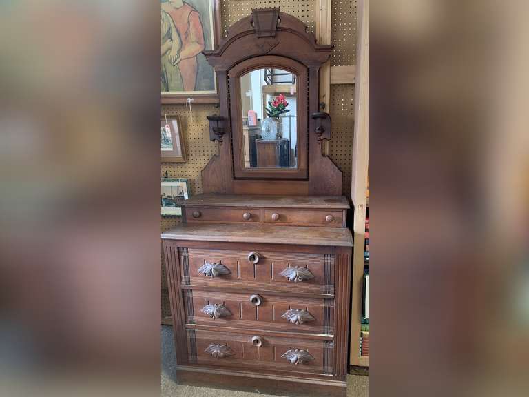 ANTIQUE VICTORIAN STYLE DRESSER WITH 3 DRAWERS & 2 GLOVE BOXES - HAND CARVED FRUIT DESIGN PULLS, VANITY SWING MIRROR WITH 2 CARVED SCONCES - GREAT CONDITION - 37" WIDE X 18" DEEP X 76" TALL **SPECIAL PICKUP INSTRUCTIONS (DOES NOT INCLUDE CONTENTS ON OR INSIDE) image