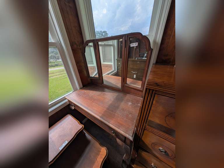 OLD VANITY DRESSER WITH TRI-FOLD MIRROR image