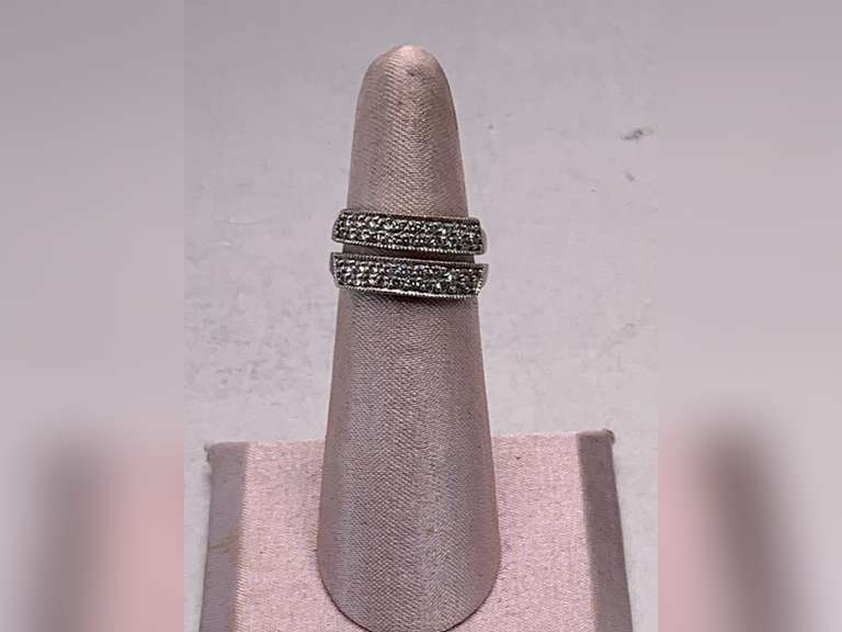 SILVERTONE DOUBLE BAND ETERNITY RING WITH CLEAR FACETED STONES SIZE 5 3/4 (BELIEVED TO BE STERLING BUT COULDN'T FIND MARKING) image