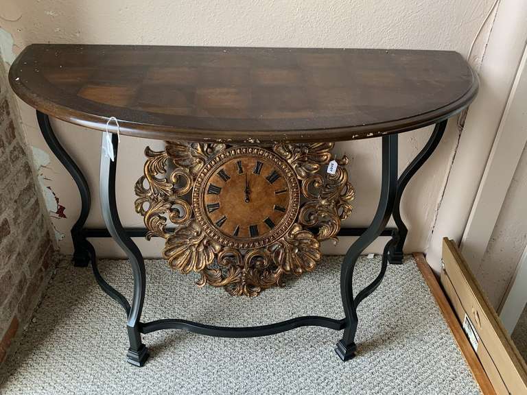 LARGE BLACK METAL HALF MOON CONSOLE TABLE WITH WOOD INLAID LOOK TOP 49" WIDE X 22" DEEP X 31" TALL image