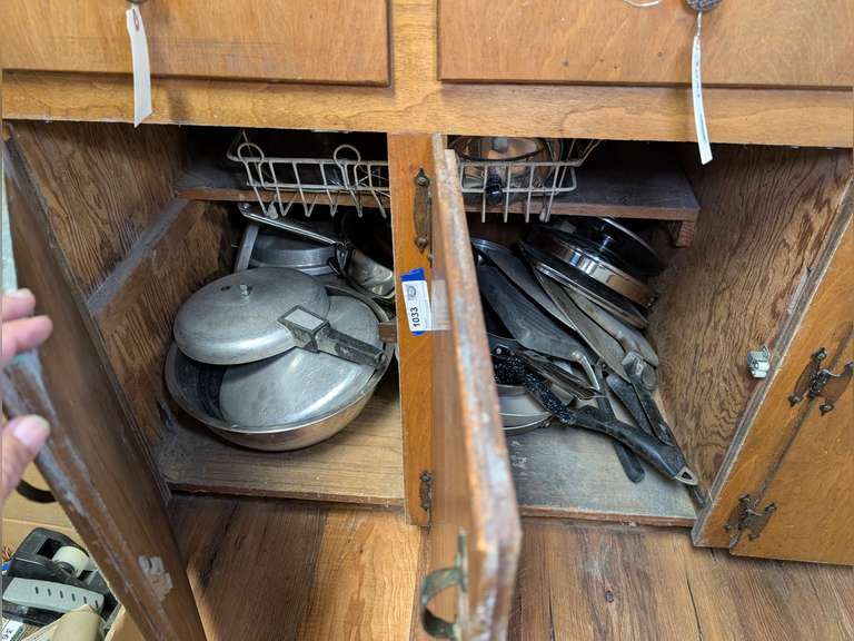 ALL VINTAGE COOKWARE AND MORE IN LOW CABINET MARKED 1033 image