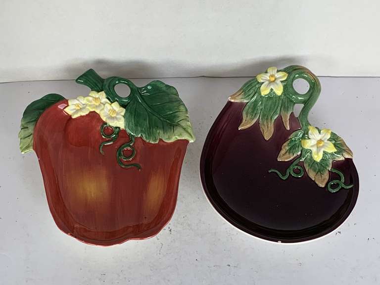 FITZ & FLOYD RED APPLE DISH 9" X 7 1/2" & FITZ & FLOYD EGGPLANT DISH (SMALL NICK) 6 3/4" X 9" image