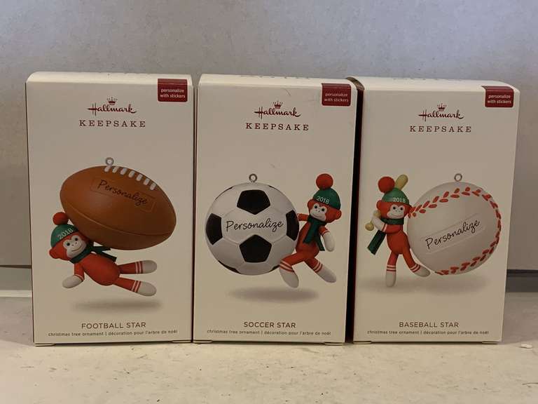 3 NEW 1988 HALLMARK ORNAMENTS "BASEBALL STAR", "SOCCER STAR" & "FOOTBALL STAR" image