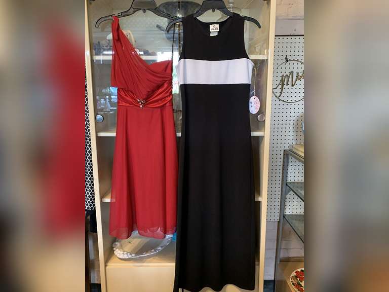 2 LADIES DRESSES - SIZE M RED AFTER 5, SIZE M LONG BLACK/WHITE image