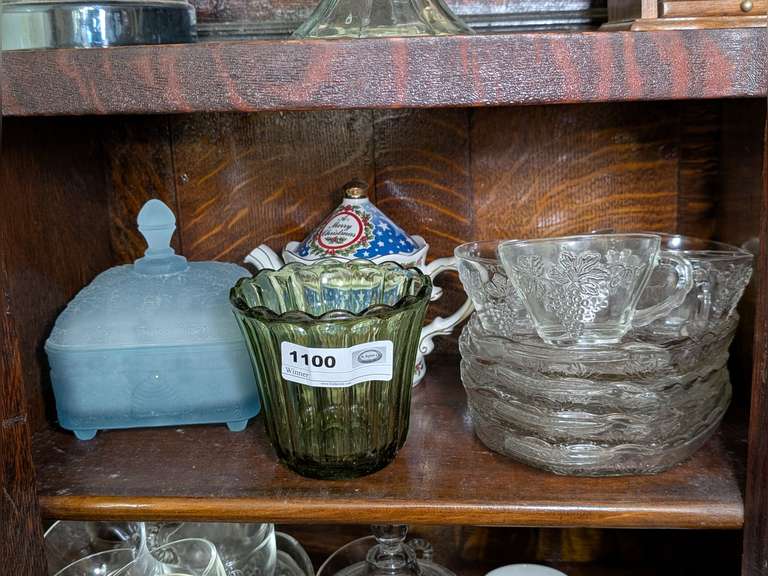 VINTAGE GLASS AND PORCELAIN ON SHELF MARKED 1100 image