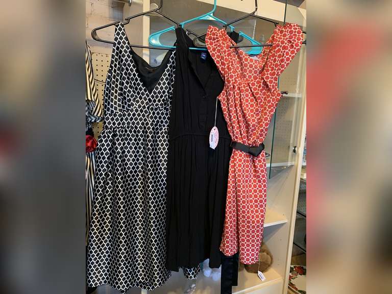 3 LADIES DRESSES - SIZE 8 BLACK/WHITE, SIZE M NAVY, SIZE S RED/WHITE image