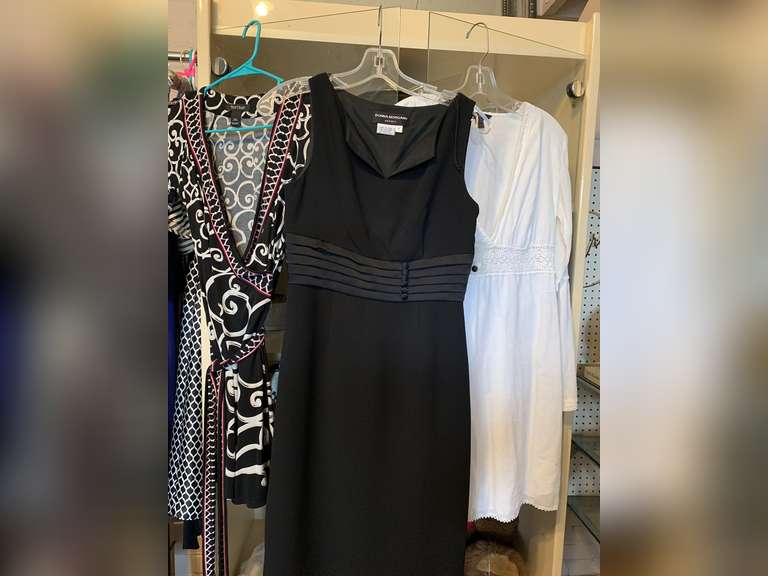 3 LADIES DRESSES - SIZE XXS BLACK/WHITE, SIZE 4 (NEW) NAVY, SIZE S WHITE image