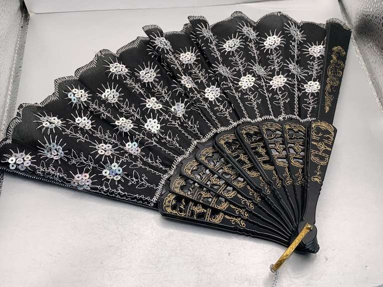 VINTAGE FOLDABLE HANDHELD BLACK CLOTH FAN WITH EMBELLISHMENTS image