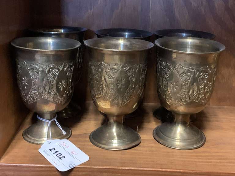 6 ANTIQUE BIEDERMEIER BRASS OVER COPPER EMBOSSED GOBLETS image