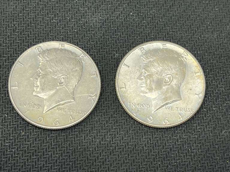 1964 Kennedy silver half dollars, two pieces, see pictures for details. image