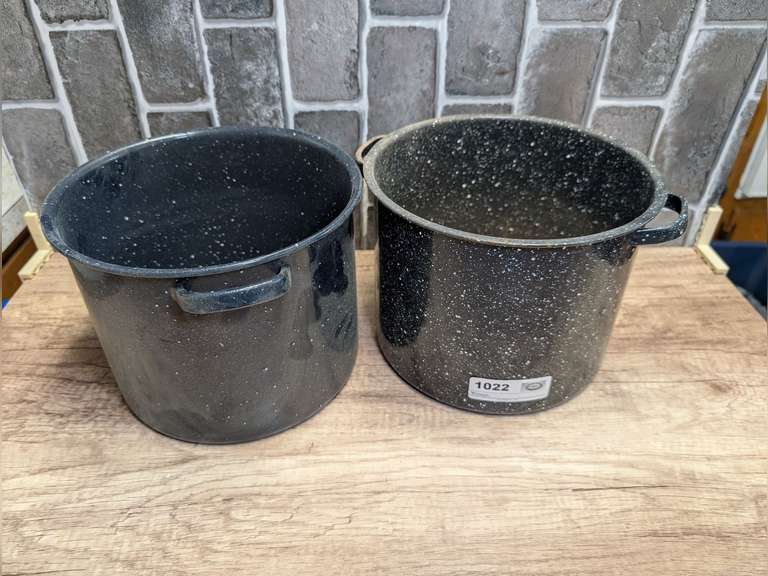 PAIR OF VINTAGE ENAMELED METAL STOCK POTS image
