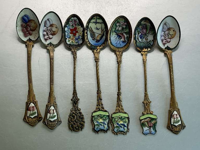 VINTAGE SET OF 7 ENAMELED AND BRASS SPOONS MADE IN CZECHOSLOVAKIA image