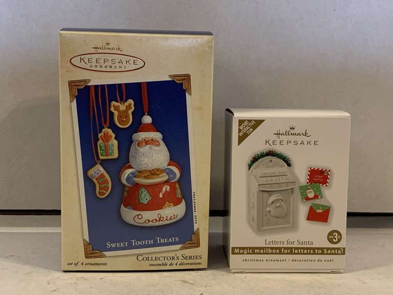 2 NEW HALLMARK ORNAMENTS "2003 SWEET TOOTH TREATS - SET OF 4" & "2010 LETTERS FOR SANTA INTERACTIVE" image