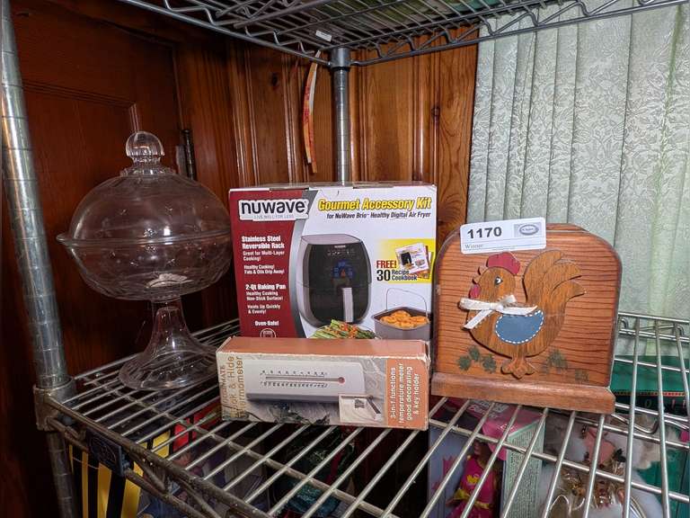 VINTAGE HANDMADE WOODEN CHICKEN MOTIF NAPKIN HOLDER, VINTAGE HOUSEMATE HOOK AND HIDE THERMOMETER IN ORIGINAL BOX, NUWAVE GOURMET ACCESSORY KIT FOR NUWAVE BRIO HEALTHY DIGITAL AIR FRYER, AND VINTAGE FOOTED COMPOTE CANDY DISH image