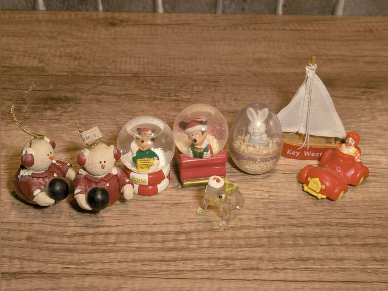 DECORATIVE SMALLS INCLUDING WALT DISNEY MICKEY MOUSE SNOW GLOBES, STRIKERS BOWLING SNOWMEN CHRISTMAS ORNAMENTS, KEY WEST SAILBOAT, AND MORE image