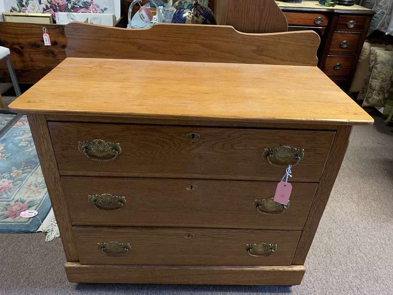 ANTIQUE SOLID OAK 3 DRAWER DRESSER ON ROLLERS 37" WIDE X 18 1/2" DEEP X 35" TALL image