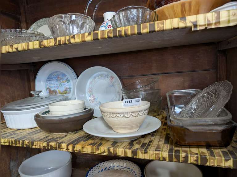 POTTERY, PORCELAIN, AND GLASS ON SHELF MARKED 1112 INCLUDING MCCOY image