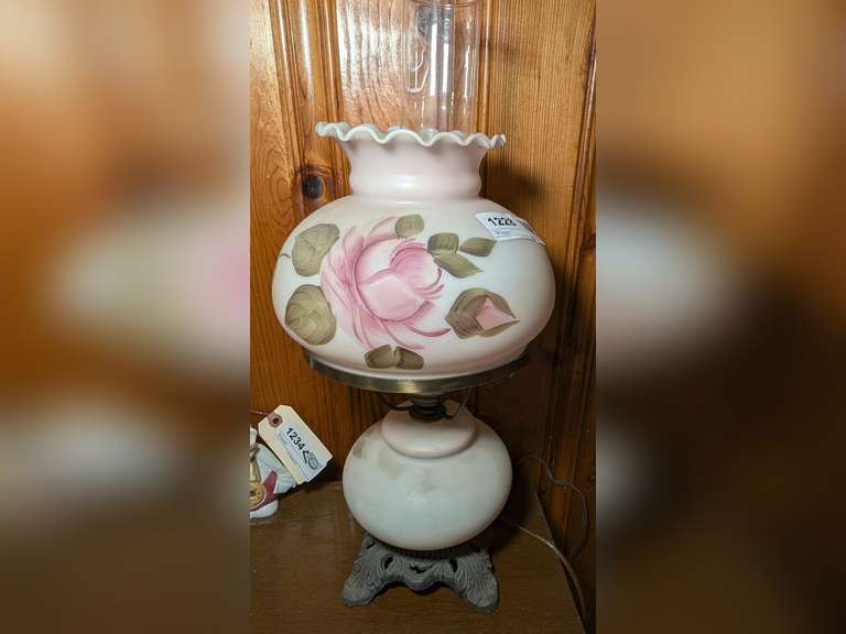 ANTIQUE HAND-PAINTED GLASS BODY AND GLASS GLOBE LAMP image
