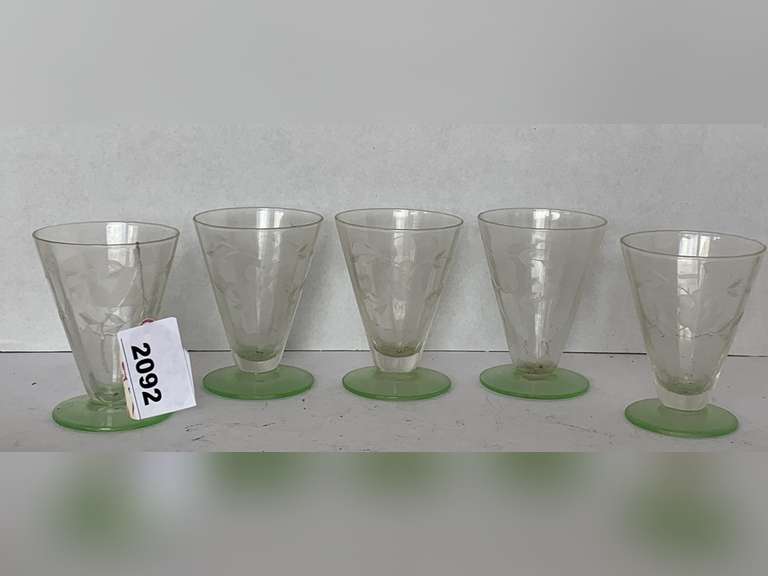 5 VINTAGE URANIUM GREEN ETCHED CORDIALS image