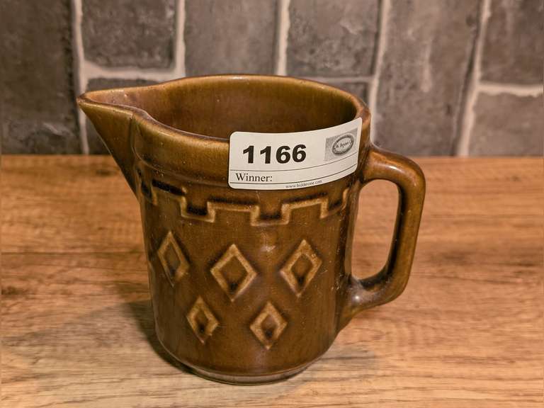 OLD UNSIGNED GLAZED POTTERY JUICE PITCHER image