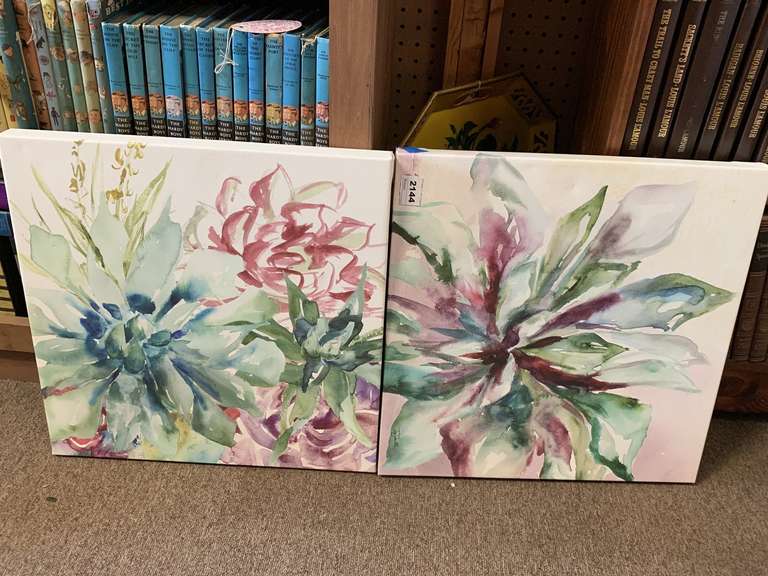 PAIR ACRYLIC ON CANVAS FLORAL ART PRINTS 18" SQUARE image