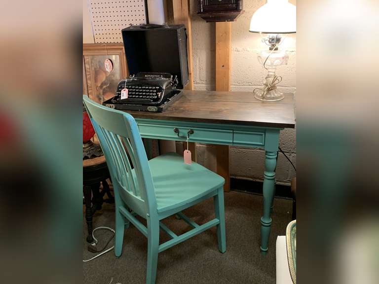WOOD PAINTED DESK BY KIMBALL/PINE TOP WITH MATCHING WOODEN CHAIR 38 1/2" LONG X 20" DEEP X 30" TALL image