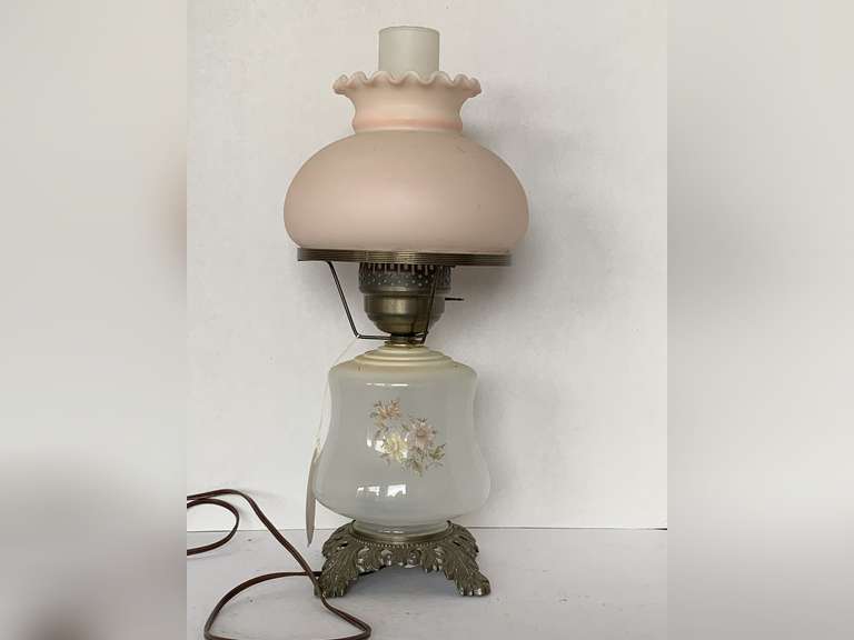 VINTAGE HURRICANE GONE WITH THE WIND STYLE LAMP PINK SATIN GLOBE AND WHITE BASE WITH PINK HAND PAINTED FLOWERS 18" TALL image