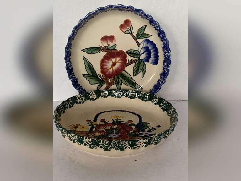 2 PAINTED CERAMIC PIE PANS - BLUE TRIM, GREEN TRIM 10" ROUND image