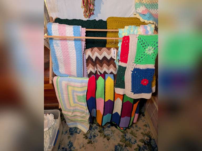 EIGHT HAND CROCHETED BLANKETS AND QUILT RACK image