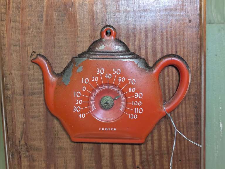 MID-CENTURY COOPER STAMPED METAL TEAPOT DESIGN THERMOMETER image