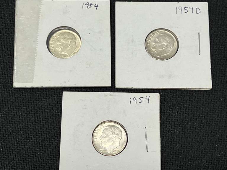 1954, and 1959-D silver Roosevelt dimes, three pieces total, see pictures for details. image