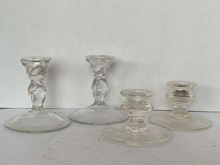 PAIR OF IMPERIAL TWIST 4 1/2" TALL CANDLESTICKS & PAIR VINTAGE GLASS CANDLESTICKS WITH GRAPES & GRAPE LEAVES ETCHED 3" TALL image