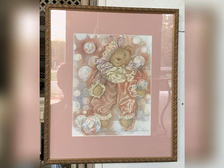 1985 MARY HULGAN SIGNED PRINT FRAMED/MATTED "JUGGLE BEAR" 657/1000 ALSO SIGNED THE FAMILY OF MARY HULGAN 14" X 16 1/2" image