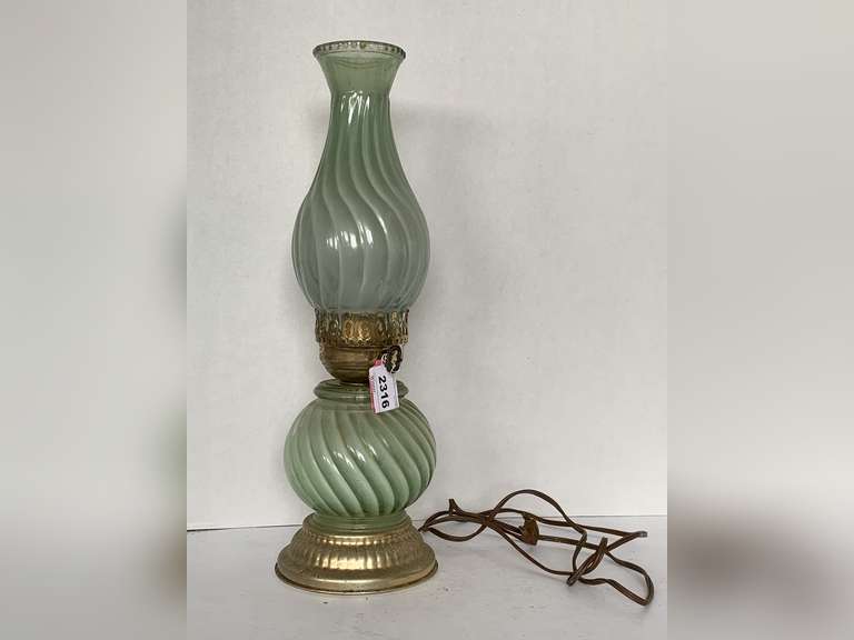VINTAGE GREEN GLASS SWIRL ELECTRIC HURRICANE LAMP 17" TALL image