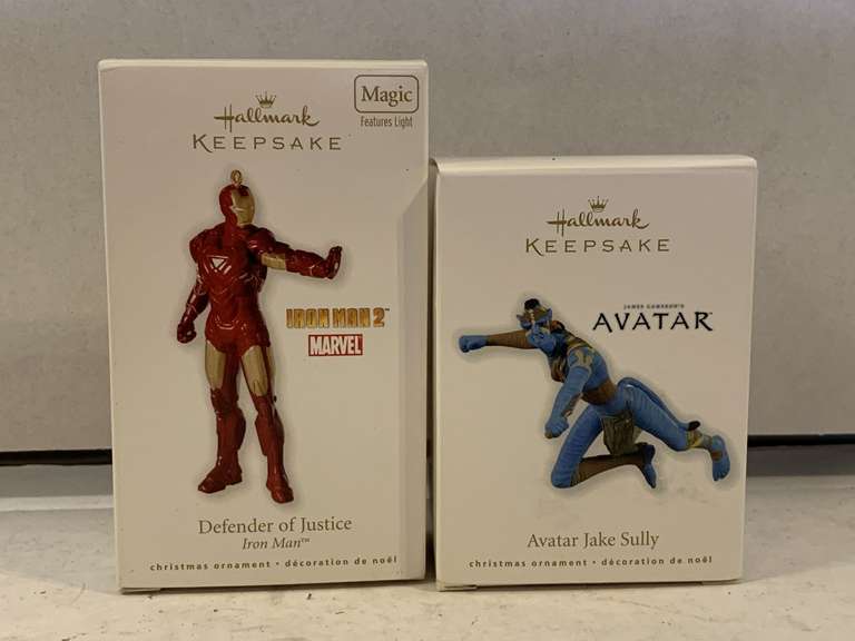 2 NEW 2010 HALLMARK ORNAMENTS "AVATAR JAKE SULLY" & "DEFENDER OF JUSTICE - IRON MAN" (LIGHTS UP) image