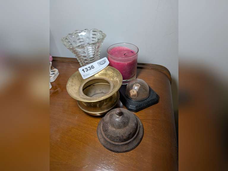 VINTAGE SMALLS INCLUDING CLERK BELL, SPITTOON MINIATURE, DICE DOME, AND MORE image
