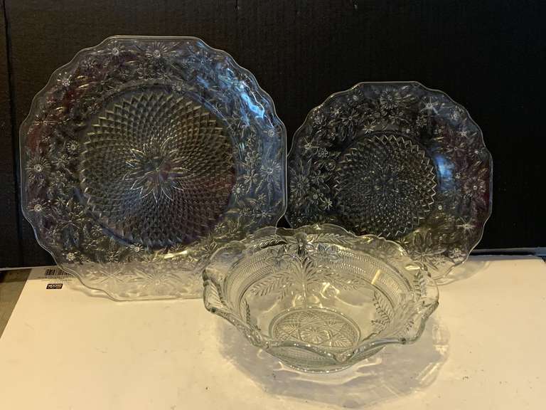 2 VINTAGE PINEAPPLE & FLORAL SERVING PLATTERS BY INDIANA GLASS CO 9 1/4" ROUND, 11" ROUND & CLEAR FLORAL EMBOSSED SERVING BOWL 9" ROUND image