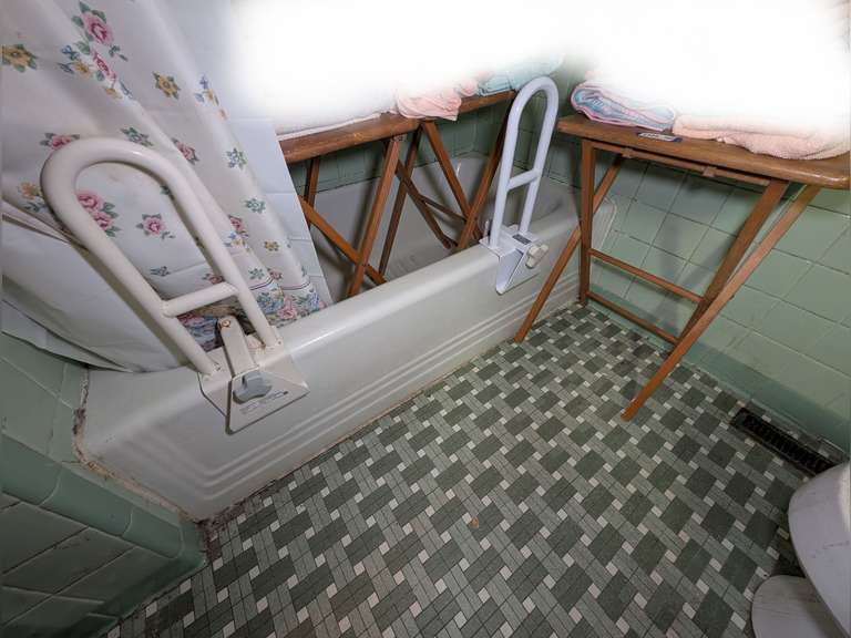 THREE WOODEN FOLDING TV TRAYS AND PAIR OF CLAMP-ON BATHTUB SUPPORTS image