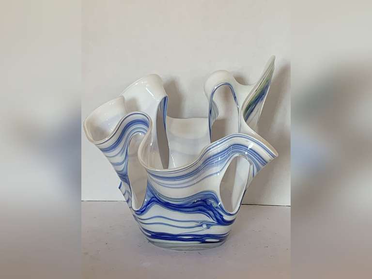 BEAUTIFUL VINTAGE HANDMADE MID CENTURY MODERN LARGE BLUE/WHITE GLASS BOWL 11" TALL X 13" WIDE image