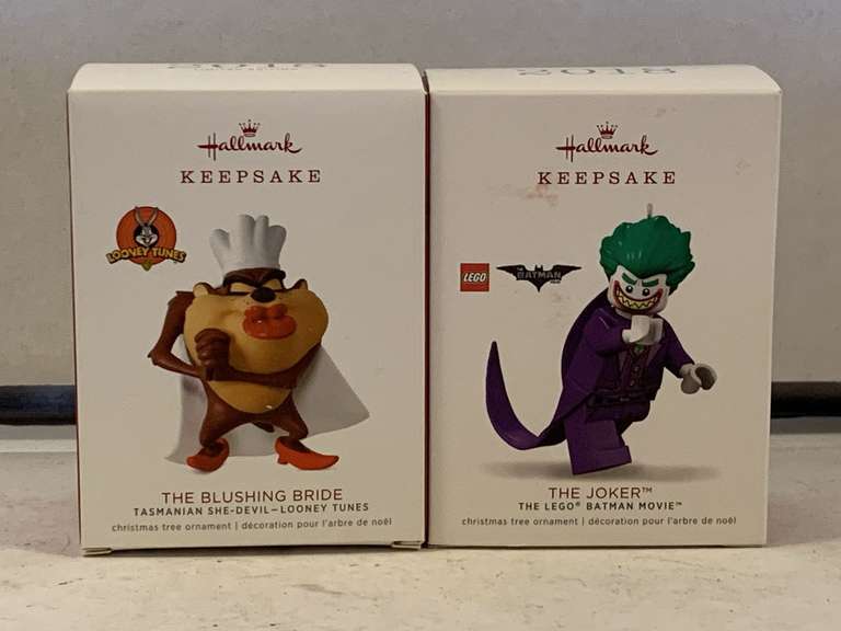 2 NEW 2018 HALLMARK ORNAMENTS "THE BLUSHING DEVIL - TASMANIAN SHE-DEVIL - LOONEY TUNES" & "THE JOKER - THE LEGO BATMAN MOVIE" image