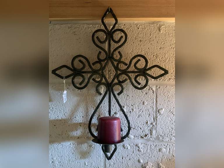 VINTAGE IRON CROSS CANDLE WALL SCONCE 20" TALL X 15" WIDE image