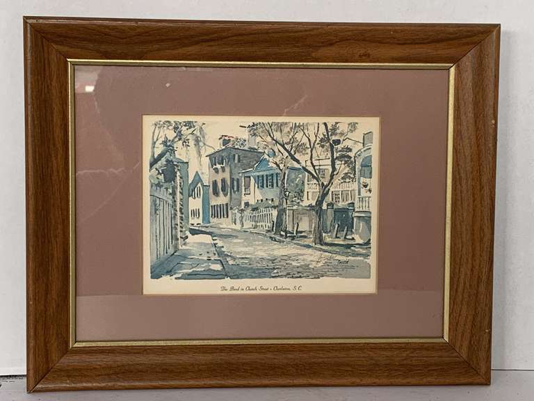 VINTAGE FOUCHE' BOLTON PRINT OF "THE BEND IN CHURCH STREET" CHARLESTON FRAMED/MATTED DOUBLE SIGNED 14 1/2" X 11 1/2" image