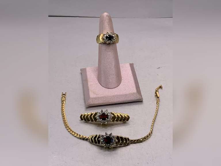 VINTAGE 3 PIECE SET - STAUER BRACELET, BROOCH & RING - OVAL FACETED GARNET WITH RHINESTONES SIZE 6 image