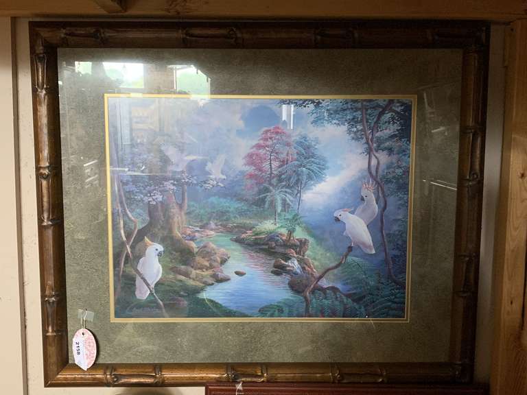 LARGE CARVED WOOD FRAMED RAINFOREST PRINT WITH WHITE COCKATIELS 35" LONG X 28" WIDE image