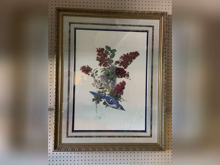 BEAUTIFULLY FRAMED/MATTED LITHOGRAPH "BLUE JAY" SIGNED BY ARTIST C. FORD RILEY #406/1000 WITH SEAL - LIMITED EDITION 40X32 image