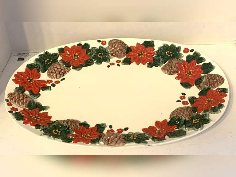 EXTRA LARGE OVAL CHRISTMAS PLATTER BY ALA CARTE WITH RAISED RELIEF PINECONES AND POINSETTIA DESIGN 19" LONG X 15" WIDE image