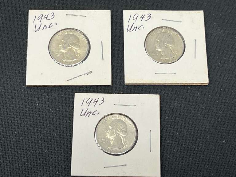 1943 uncirculated silver quarters, three pieces, see pictures for details. image