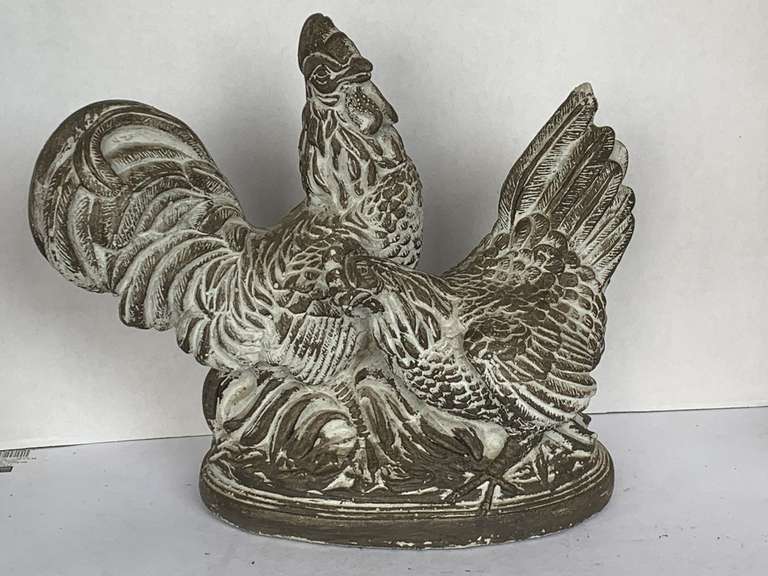 VERY HEAVY CLAY PAINTED ROOSTER & HEN 12" TALL X 14" WIDE image